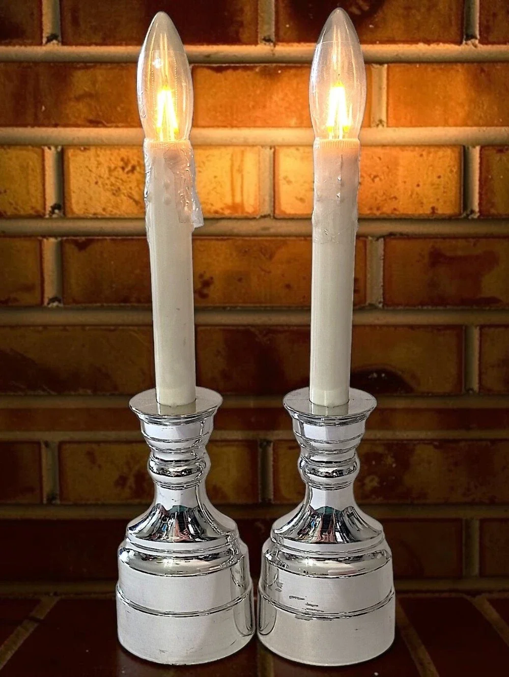 2 Vintage Bethlehem Lights Candles Battery Operated Taper Timer Silver Tone